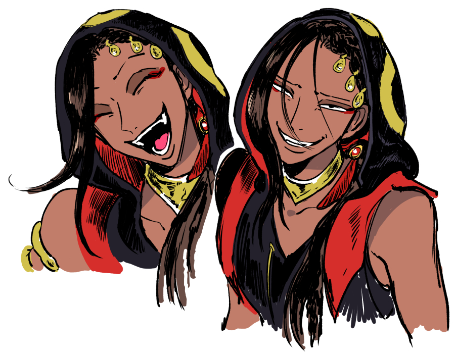 1boy, :d, ^_^, armlet, asymmetrical_bangs, black_eyes, brown_eyeshadow, brown_hair