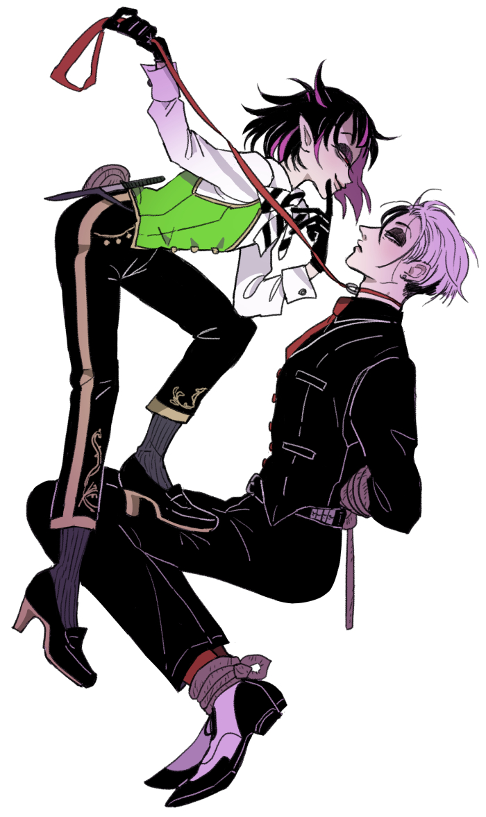 2boys, annoyed, arm_up, asymmetrical_bangs, belt, belt_buckle, black_belt, black_gloves