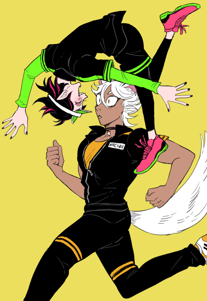 2boys, :<, ^_^, animal_ears, black_hair, black_jumpsuit, black_leggings, black_nails