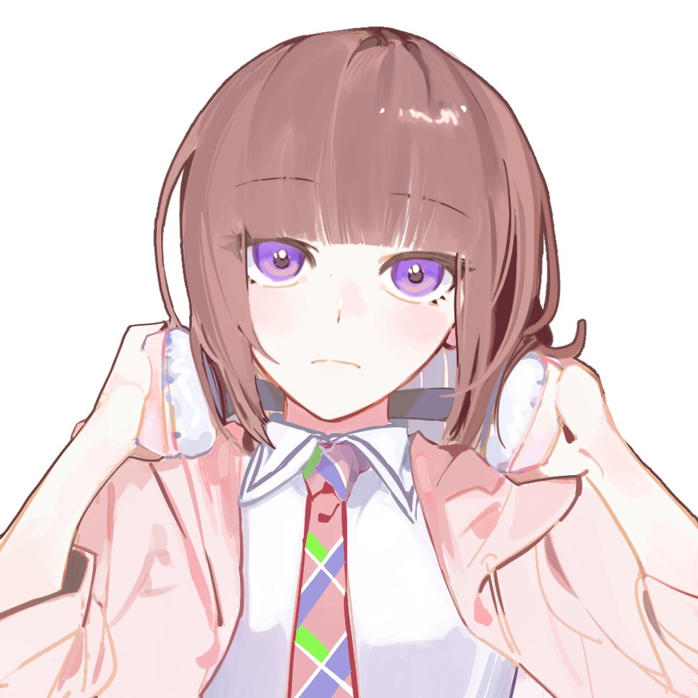 1girl, blue_necktie, blunt_bangs, bob_cut, brown_hair, closed_mouth, collared_shirt, commentary