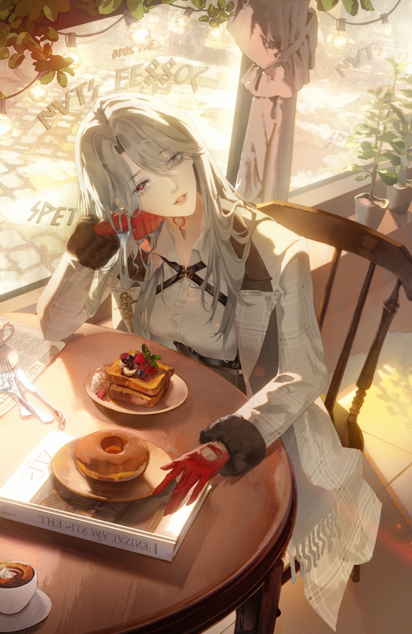 1girl, absurdres, book, bread, chair, chest_harness, coat, collared_shirt, commentary_request, cup, curtains, donut, food, fork, from_below, gloves, grey_eyes, grey_hair, harness, highres, hilda_(path_to_nowhere), hiratechen, knife, leaf, looking_at_viewer, looking_back, neck_tattoo, open_clothes, open_coat, parted_lips, path_to_nowhere, plant, plate, red_gloves, red_pupils, shirt, solo, spoon, table, tattoo, white_coat, window