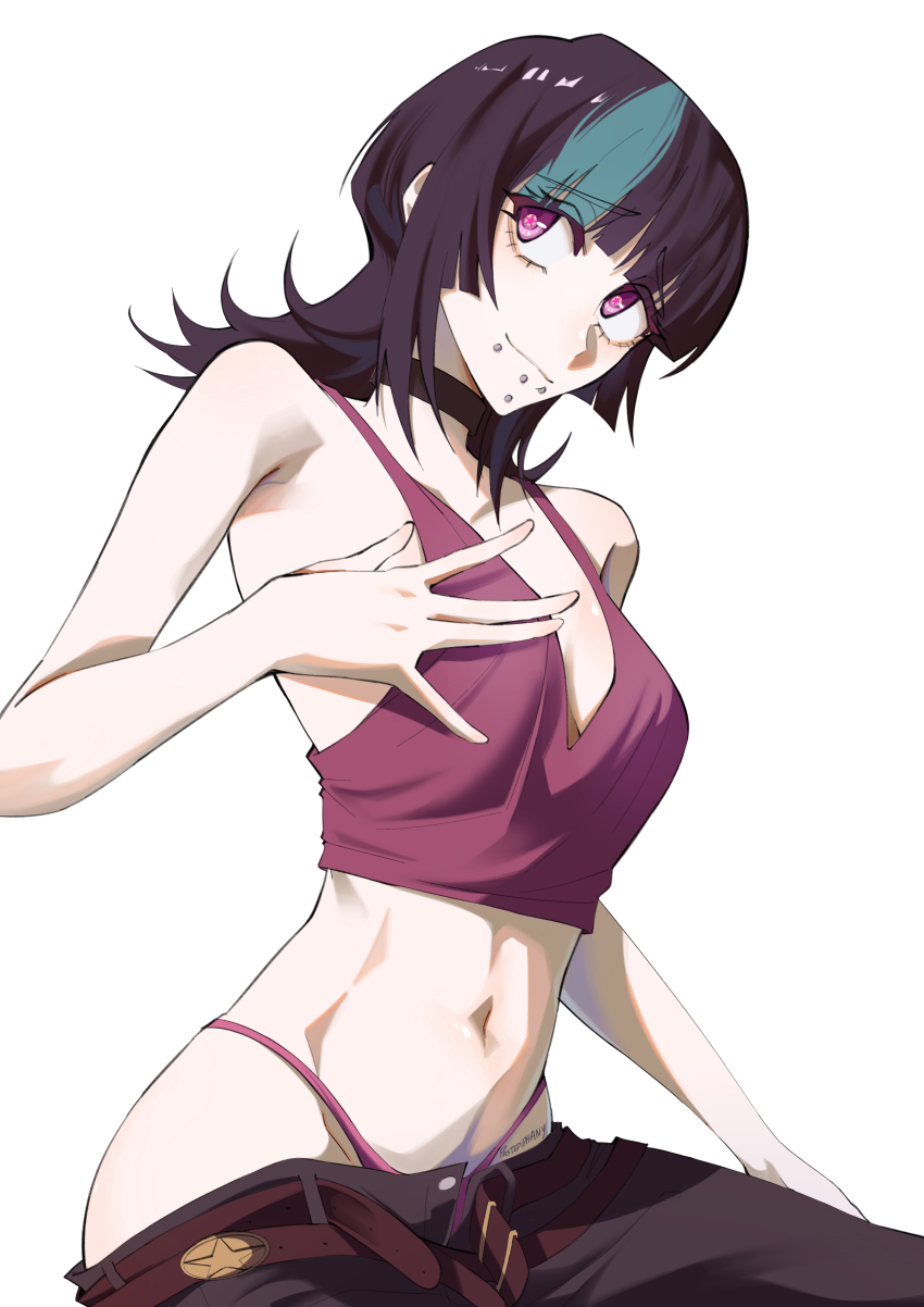 1boy, absurdres, bare_shoulders, black_choker, black_hair, chin_piercing, choker, commentary