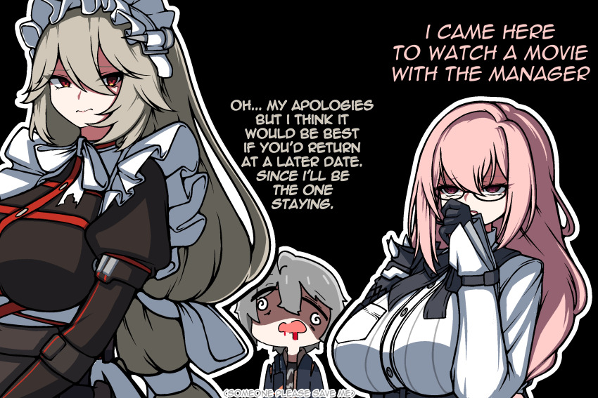 1boy, 2girls, alexandrina_sebastiane, black_background, glasses, highres, hyun_ha-ryeong, maid