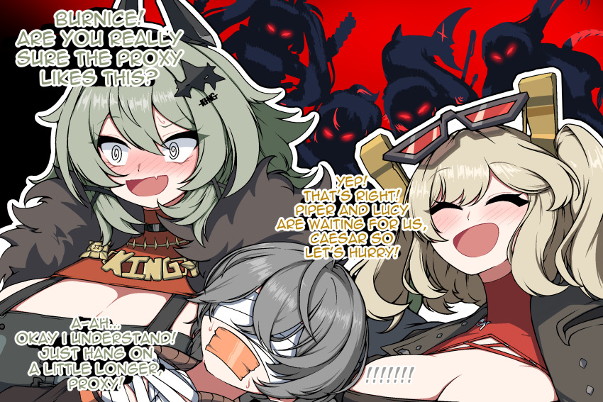 1boy, 6+girls, @_@, burnice_white, caesar_king_(zenless_zone_zero), closed_eyes, ellen_joe, gag