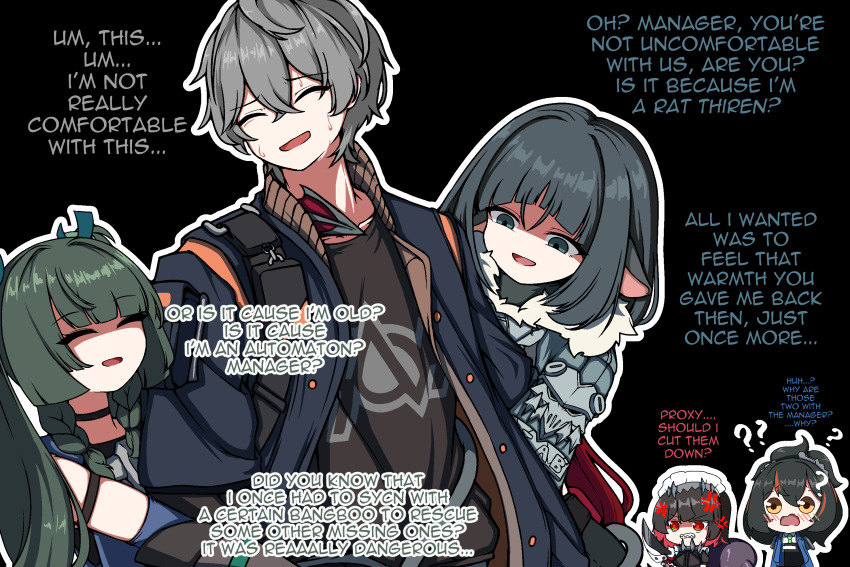 1boy, 4girls, black_background, ellen_joe, harem, highres, hyun_ha-ryeong, jane_doe_(zenless_zone_zero)