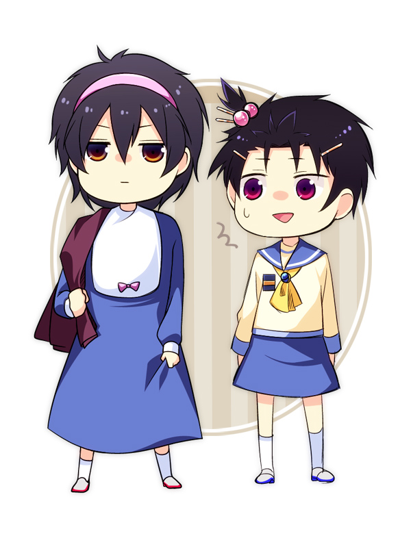 2boys, bad_id, bad_pixiv_id, black_hair, brown_eyes, chibi, corpse_party, cosplay