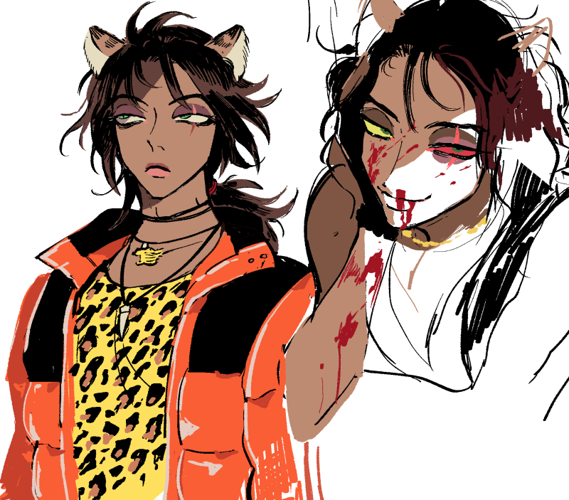 1boy, animal_ears, animal_print, blood, blood_from_mouth, blood_on_arm, blood_on_face, brown_hair, bruise, bruised_eye, choppy_bangs, collarbone, colored_sclera, commentary_request, cropped_shoulders, curtained_hair, dark-skinned_male, dark_skin, down_jacket, eclectic, expressionless, eyeshadow, frown, gold_necklace, green_eyes, grin, head_on_hand, injury, jacket, jewelry, leona_kingscholar, leona_kingscholar_(outdoor_wear), leopard_print, lion_boy, lion_ears, looking_at_viewer, looking_to_the_side, looking_up, low_ponytail, makeup, male_focus, multiple_necklaces, multiple_views, necklace, nosebleed, open_clothes, open_jacket, orange_jacket, pink_lips, ponytail, purple_eyeshadow, red_sclera, savanaclaw_dorm_uniform, scar, scar_across_eye, scar_on_face, shirt, sideways_glance, simple_background, smile, tooth_necklace, twisted_wonderland, upper_body, v-neck, wavy_hair, white_background, yellow_sclera, yellow_shirt