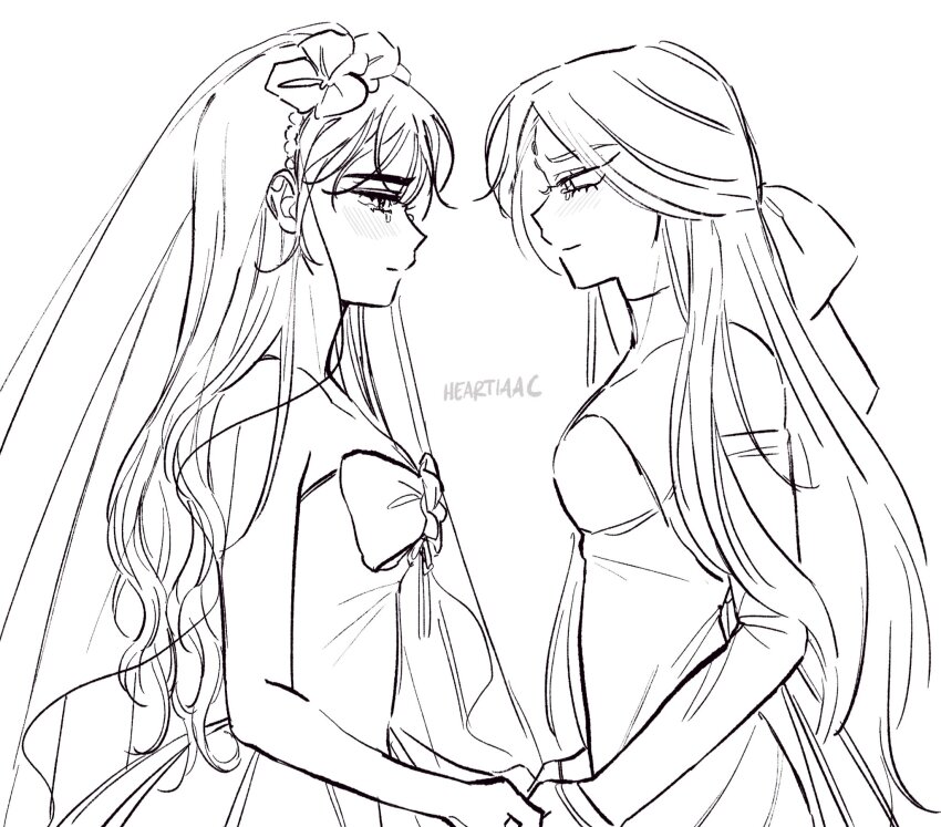 2girls, alien_stage, bad_id, bad_twitter_id, bow, bridal_veil, bride, dress