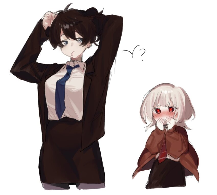 2girls, akinashi_haru, arms_up, black_hair, black_jacket, black_skirt, blue_necktie, breasts