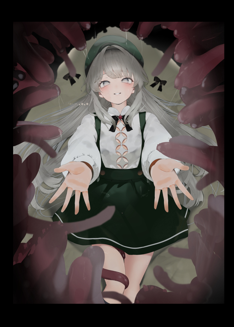 1girl, black_ribbon, blush, chunithm, commentary_request, creature, feet_out_of_frame, green_hat, green_skirt, grey_eyes, grey_hair, hat, kisaragi_yaya, kozukata_toa, long_hair, long_sleeves, looking_at_viewer, monster, neck_ribbon, pov_inside_mouth, ribbon, shirt, skirt, smile, teeth, white_shirt