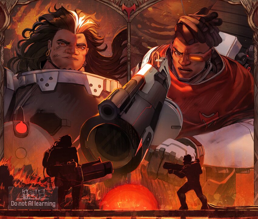 2boys, adaptive_combat_rifle, assault_rifle, baptiste_(overwatch), beard, black_hair, combat_medic, destruction