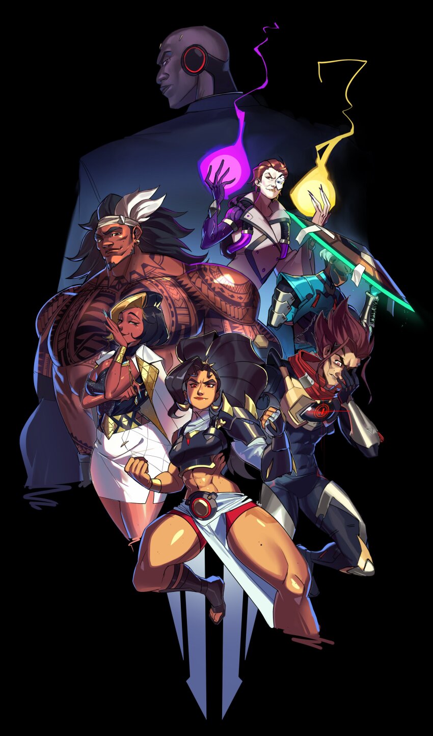 3girls, 4boys, absurdres, bald, black_gloves, black_hair, black_tank_top, bracelet, brown_hair, chest_tattoo, cloak, coat, coat_on_shoulders, commentary, domina_(overwatch), doomfist_(overwatch), emre_(overwatch), english_commentary, gladiator_sandals, gloves, gold_bracelet, green_cloak, hand_on_own_face, hao0047, hat, headband, highres, jewelry, kasa_(hat), long_hair, looking_back, mauga_(overwatch), mizuki_(overwatch), moira_(overwatch), multiple_boys, multiple_girls, overwatch, ponytail, sandals, shoulder_tattoo, skirt, talisman, talon_(overwatch), tank_top, tattoo, topless_male, vendetta_(overwatch), white_coat, white_skirt