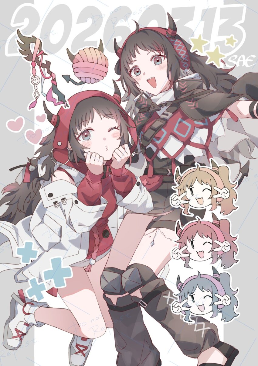 1girl, arknights, artist_name, black_leg_warmers, border, brown_dress, brown_hair, commentary