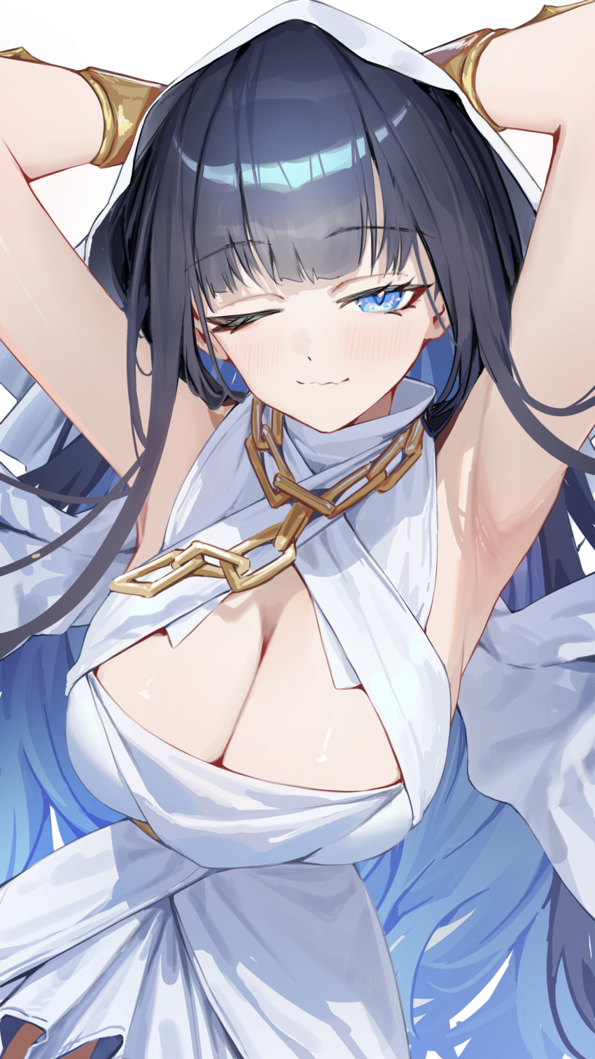 1girl, absurdres, armpits, arms_behind_head, arms_up, black_hair, blue_eyes, blue_hair