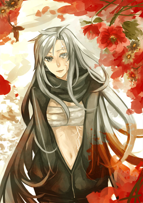 1girl, bad_id, bad_pixiv_id, cullets, fate/stay_night, fate/zero, fate_(series), female_focus, gender_request, genderswap, grey_eyes, heterochromia, hood, hoodie, long_hair, matou_kariya, sarashi, scar, solo, white_eyes, white_hair