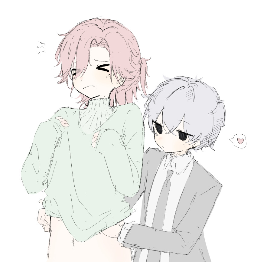 >_<, 2boys, absurdres, assisted_exposure, black_jacket, black_necktie, clothes_lift, collared_shirt