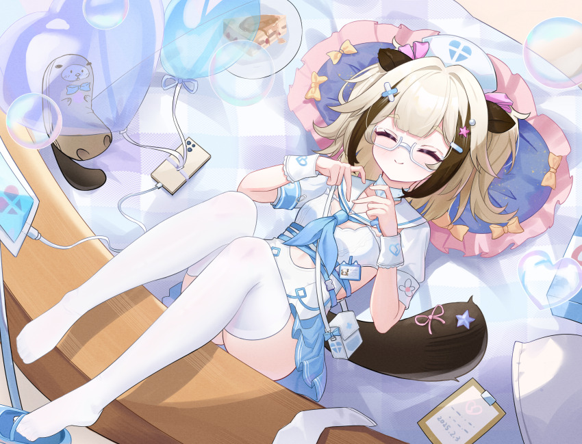 1girl, animal_ears, bag, balloon, bandaid, bandaid_hair_ornament, blanket, blonde_hair