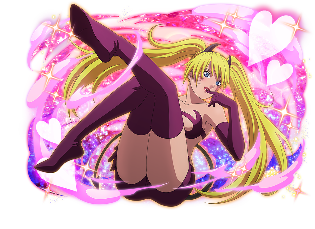 1girl, blonde_hair, blue_eyes, boots, demon_horns, demon_tail, elbow_gloves, facial_mark