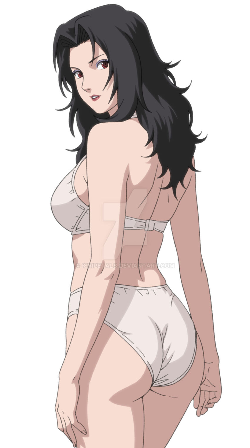 1girl, ass, back, black_hair, bra, breasts, brown_eyes, from_behind