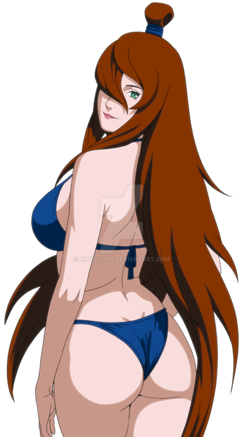 1girl, ass, back, bikini, blue_bikini, breasts, cowboy_shot, from_behind