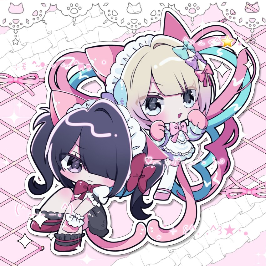 2girls, :3, ame-chan_(needy_girl_overdose), animal_hands, babumi_roriko, black_hair, blue_dress, blunt_bangs, blush, bow, bowtie, cat_day, cat_girl, chibi, chibi_only, chouzetsusaikawa_tenshi-chan, dress, dual_persona, frilled_background, gloves, hair_over_one_eye, highres, maid, maid_headdress, multicolored_hair, multiple_girls, needy_girl_overdose, one_eye_covered, paw_gloves, pink_gloves, pink_shoes, quad_tails, red_bow, red_bowtie, red_shoes, shoes, short_dress, thighhighs, twintails, white_thighhighs