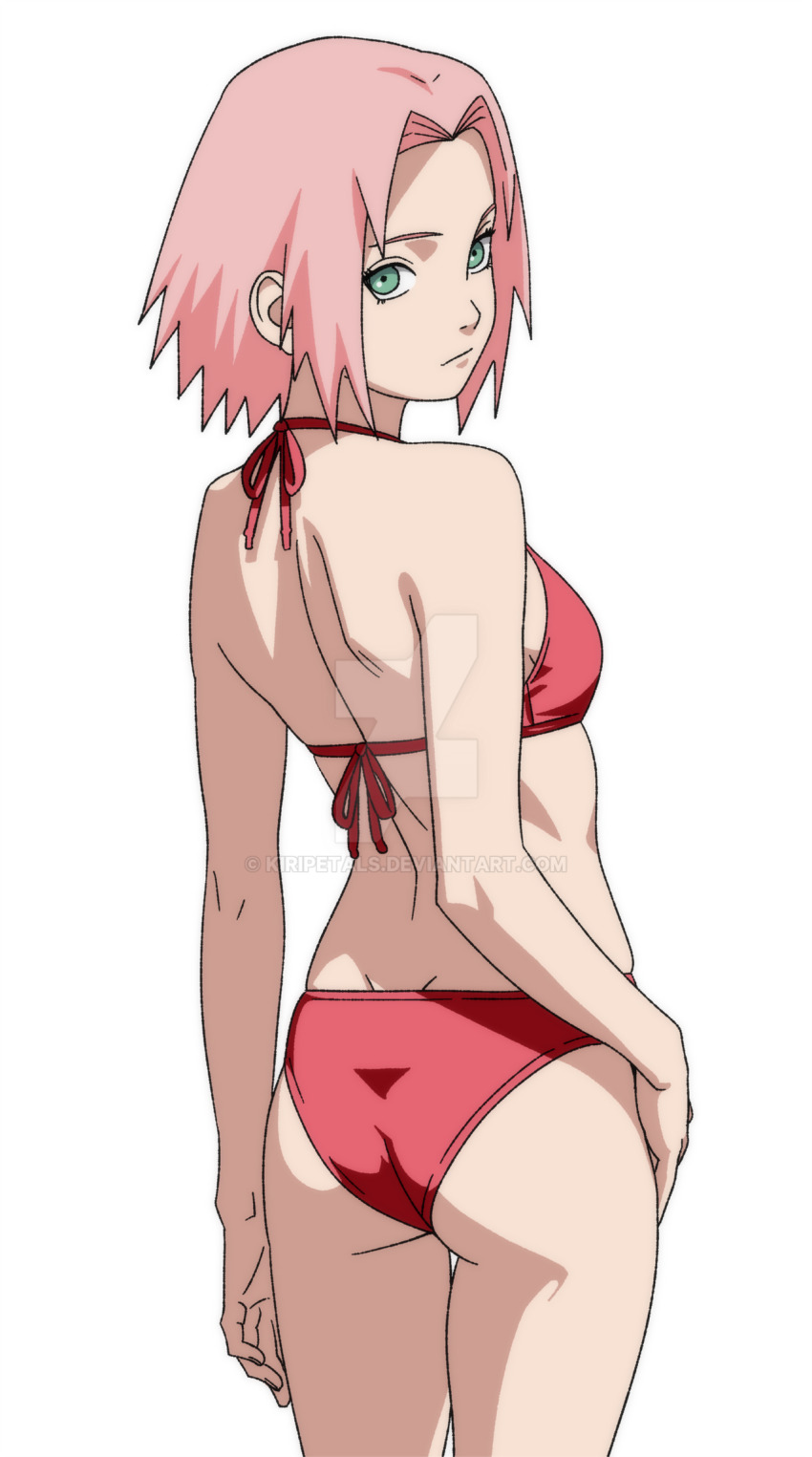 1girl, ass, back, bikini, breasts, forehead_protector, from_behind, green_eyes, halterneck, hand_on_own_hip, haruno_sakura, highres, kiripetals, looking_at_viewer, looking_back, naruto_(series), pink_hair, red_bikini, short_hair, simple_background, small_breasts, solo, standing, swimsuit, watermark, web_address, white_background