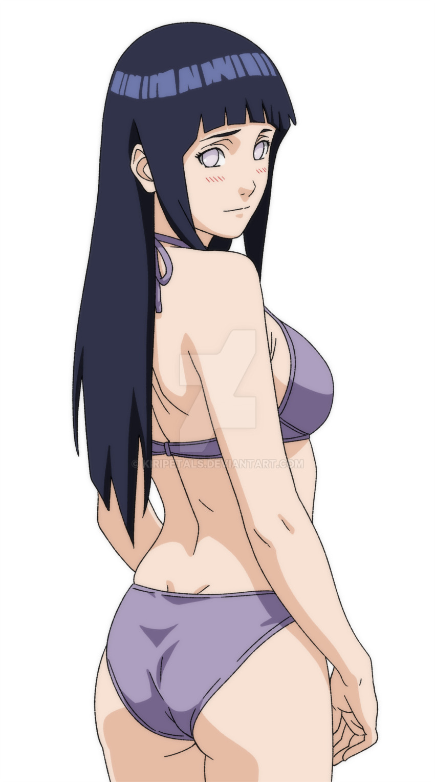 1girl, ass, back, bikini, black_hair, blue_hair, blush, breasts, from_behind, halterneck, highres, hyuuga_hinata, kiripetals, long_hair, looking_at_viewer, looking_back, medium_breasts, naruto_(series), purple_bikini, simple_background, smile, solo, standing, swimsuit, watermark, web_address, white_background, white_eyes