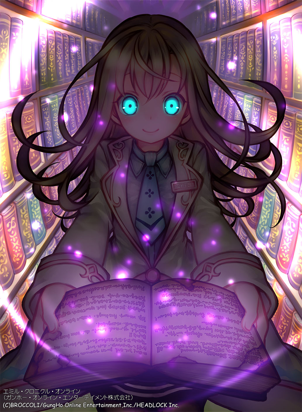 1girl, black_skirt, blue_eyes, blue_necktie, blue_shirt, book, bookshelf, commentary_request