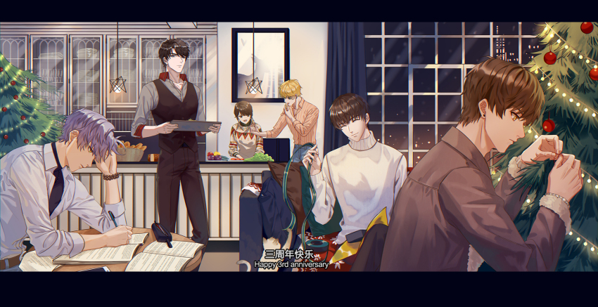 1girl, 5boys, ^_^, baguette, bai_qi_(love_and_producer), basket, bead_bracelet, beads