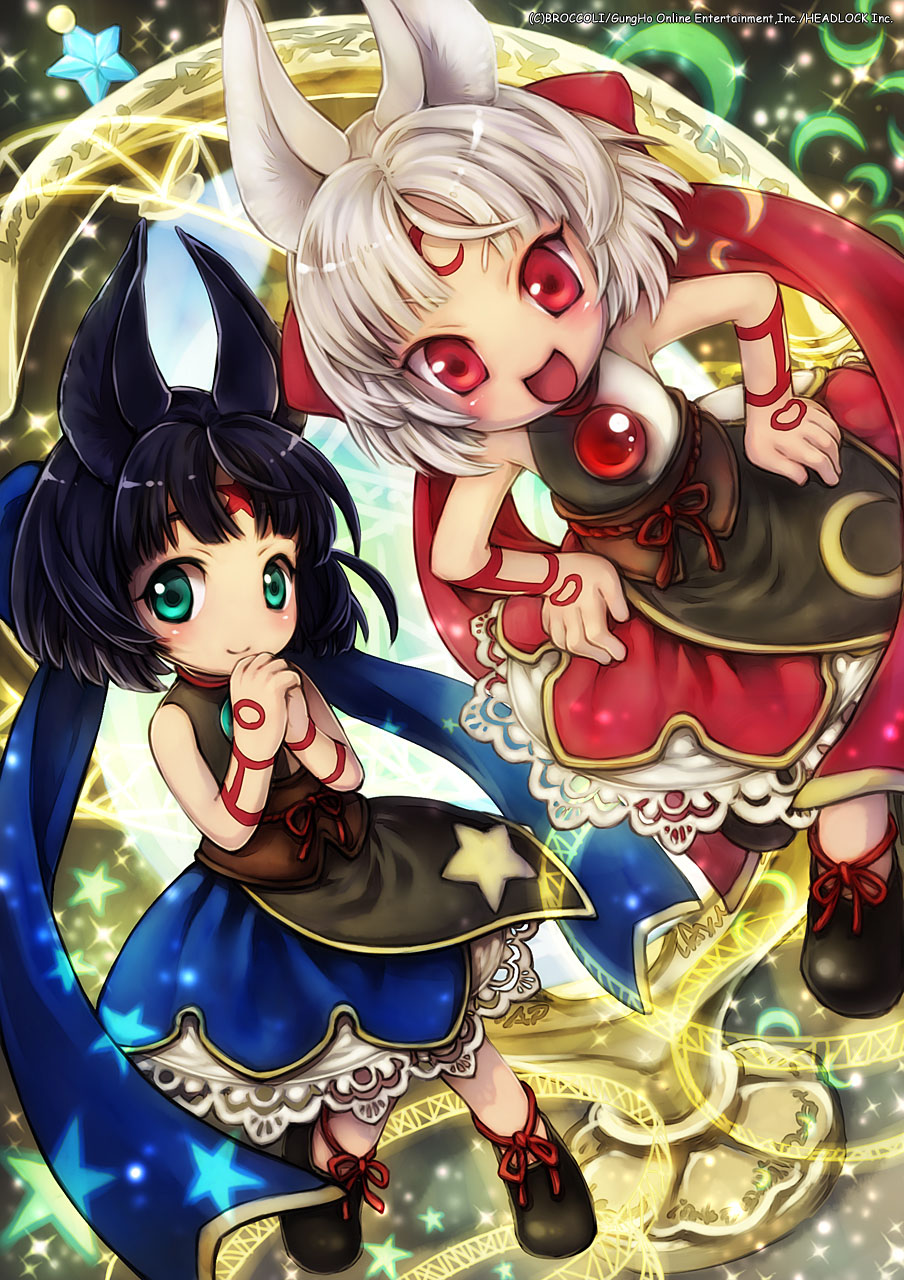 2girls, animal_ears, black_dress, black_hair, black_shoes, blue_dress, blue_ribbon, brown_corset