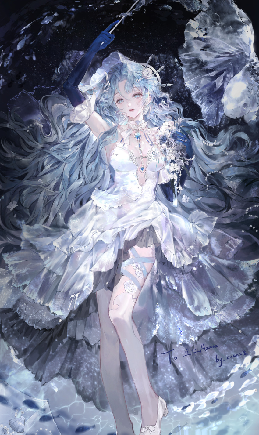 1girl, absurdres, air_bubble, arm_up, armpits, artist_name, beach, black_background, blue_eyes, blue_gem, blue_gloves, blue_hair, bow, bow_choker, bowtie, breasts, bubble, chinese_commentary, choker, cleavage, closed_mouth, club_(weapon), commentary_request, dress, fish, flower, flower_thigh_strap, frilled_dress, frilled_gloves, frilled_hairband, frills, gem, gloves, goldfish, hair_flower, hair_ornament, hairband, hamon_(jojo), hand_up, high_heels, highres, holding, holding_club, holding_weapon, jewelry, leg_ribbon, lip_balm, middle_part, necklace, original, pantyhose, parted_bangs, pearl_(gemstone), pearl_body_chain, pearl_hair_ornament, pearl_necklace, petticoat, ribbon, ripples, sand, seashell, see-through_bow, see-through_bowtie, see-through_clothes, see-through_headwear, see-through_pantyhose, shell, signature, sleeveless, small_breasts, solo, suspenders, thigh_ribbon, thigh_strap, tiptoes, waves, wavy_hair, weapon, wedding_dress, white_bow, white_bowtie, white_dress, white_pantyhose, xuanx