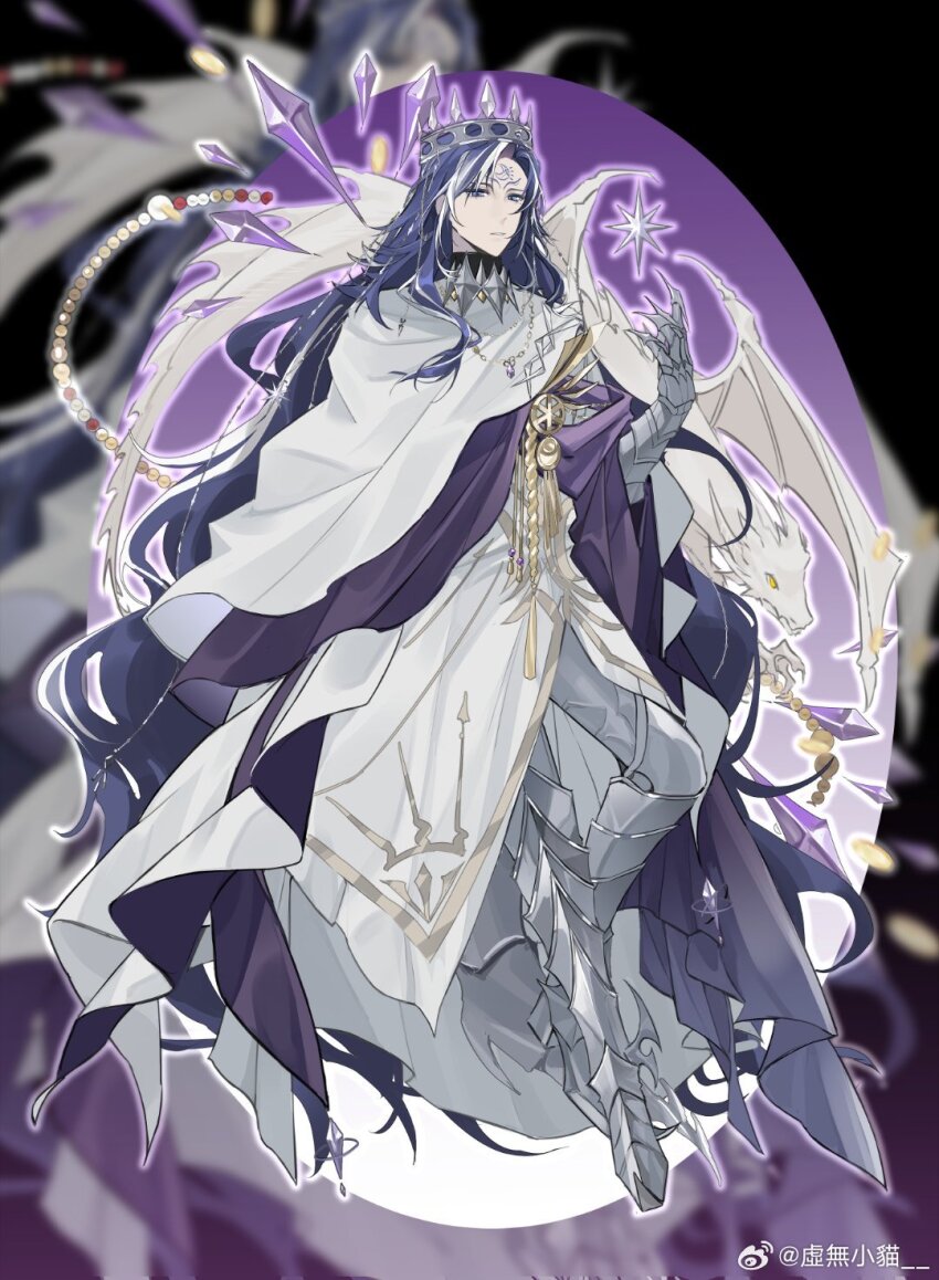 1boy, aiguillette, armor, beads, black_background, blue_eyes, blue_hair, chinese_commentary