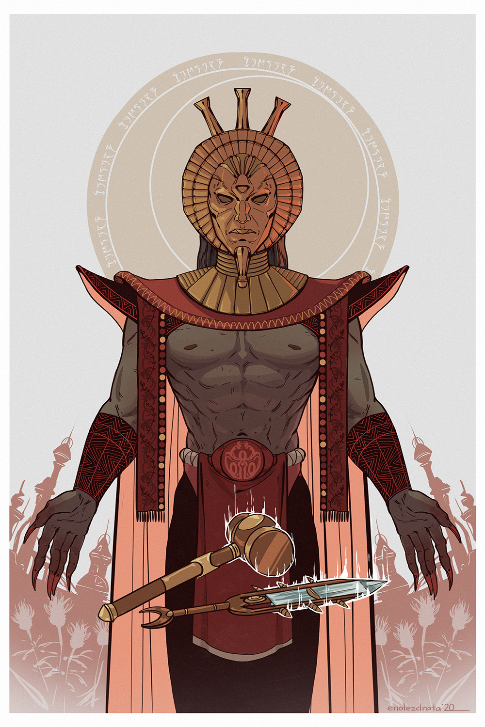 1boy, black_hair, cape, claws, colored_skin, cowboy_shot, dagger, dagoth_ur