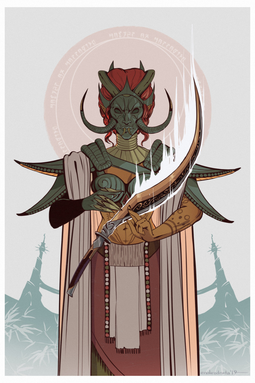 1girl, absurdres, almalexia, almalexia's_mask, arm_tattoo, armor, artist_name, boobplate, breastplate, cowboy_shot, dress, enolezdrata, facing_viewer, floating, floating_object, floating_weapon, gauntlets, gesture, gold_skin, green_armor, grey_background, highres, hopefires_(sword), mask, midriff, red_dress, red_hair, shoulder_armor, single_gauntlet, solo, stomach_tattoo, sword, tattoo, the_elder_scrolls, the_elder_scrolls_iii:_morrowind, weapon