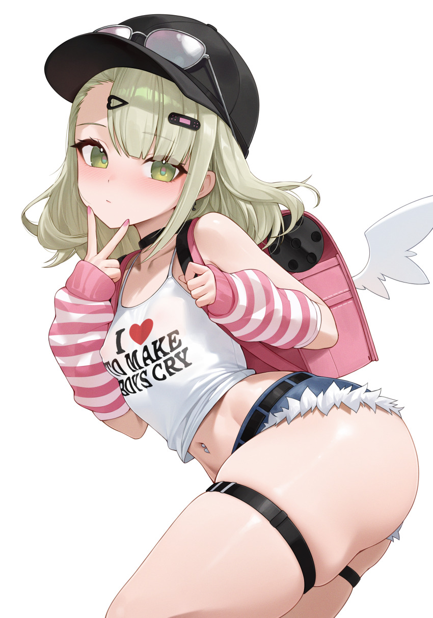 1girl, 2026, absurdres, alternate_costume, arm_warmers, ass, backpack, bag, belt, black_hat, breasts, choker, closed_mouth, clothes_writing, denim, denim_shorts, eyewear_on_headwear, female_focus, glasses_on_head, green_eyes, green_hair, hair_ornament, hairclip, hat, highres, kyojiri_loli, legs, loli, looking_at_viewer, medium_hair, midriff, mihoyo, navel, navel_piercing, piercing, randoseru, shirt, short_hair, short_shorts, shorts, simple_background, skindentation, sleeveless, sleeveless_shirt, small_breasts, solo, standing, stomach, sunglasses, sunna_(zenless_zone_zero), thick_thighs, thigh_focus, thigh_strap, thighs, uohhhhhhhhh!_(meme), v, weimiaw, white_background, white_shirt, wings, zenless_zone_zero