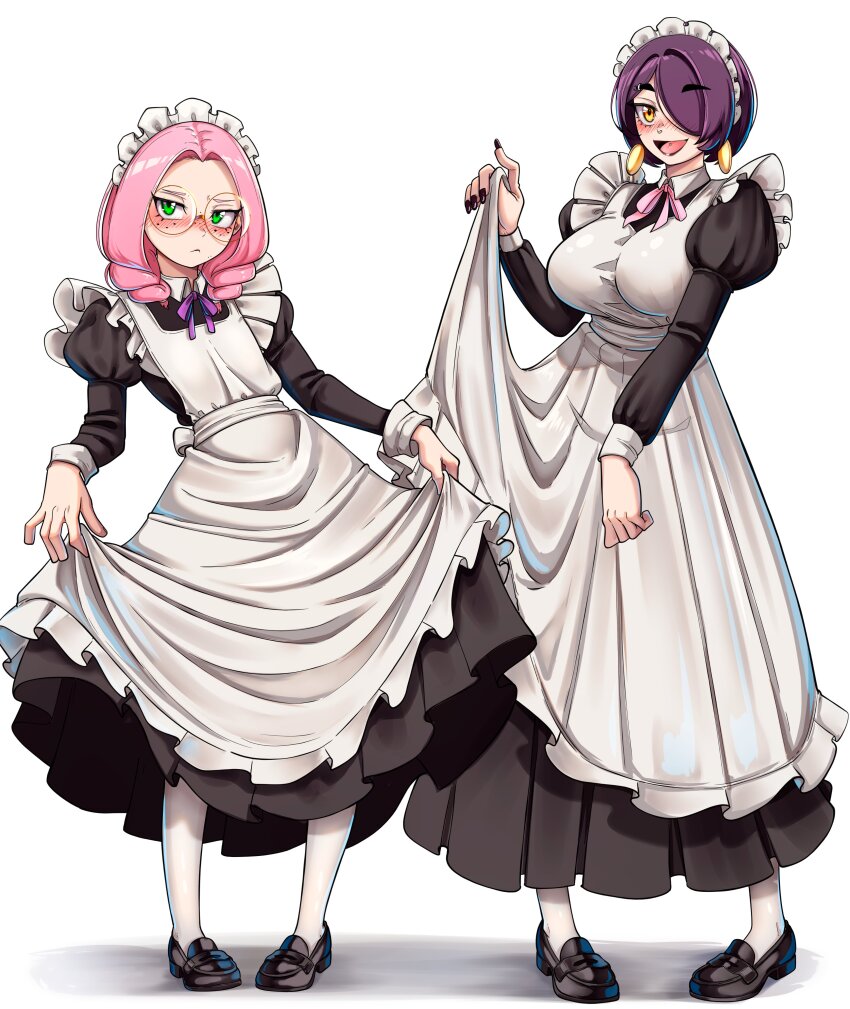 2girls, absurdres, alternate_costume, apron, black_dress, black_shoes, blush, breasts