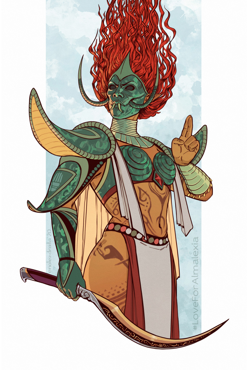 1girl, absurdres, almalexia, almalexia's_mask, armor, blue_background, boobplate, breastplate, cowboy_shot, enolezdrata, facing_viewer, floating_hair, from_side, gauntlets, gesture, gold_skin, green_armor, hashtag, highres, holding, holding_sword, holding_weapon, hopefires_(sword), leg_tattoo, long_hair, mask, midriff, red_hair, red_loincloth, shoulder_armor, single_gauntlet, solo, stomach_tattoo, sword, tattoo, the_elder_scrolls, the_elder_scrolls_iii:_morrowind, weapon, white_loincloth