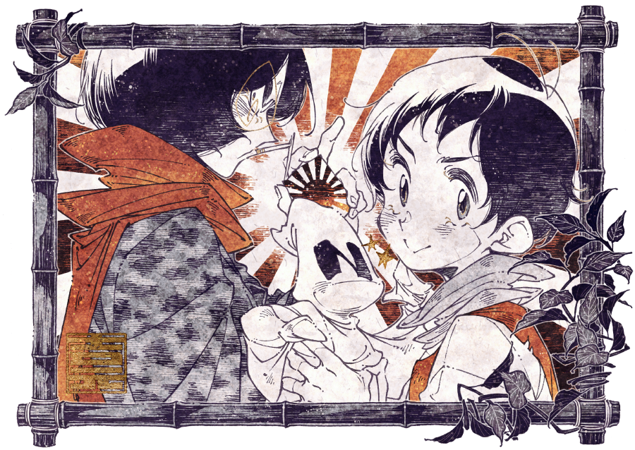 3boys, bamboo, black_hair, commentary_request, extendx0, male_focus, marco_polo_(touhouken_bunroku), military_uniform