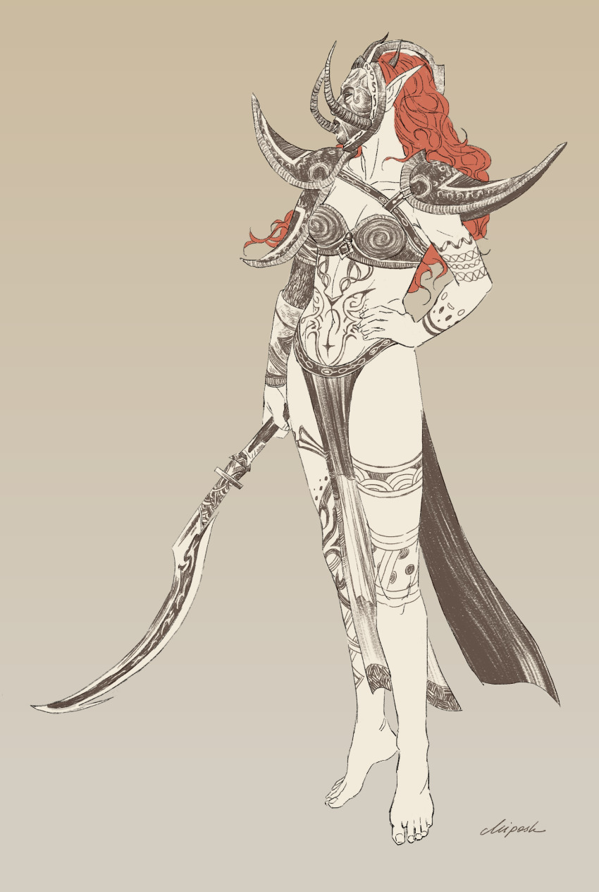 1girl, absurdres, almalexia, almalexia's_mask, arm_tattoo, armor, barefoot, boobplate, breastplate, chippypiper, facing_viewer, full_body, graphite_(medium), hand_on_own_hip, highres, holding, holding_sword, holding_weapon, hopefires_(sword), leg_tattoo, loincloth, long_hair, looking_to_the_side, mask, midriff, pointy_ears, red_hair, shoulder_armor, signature, simple_background, solo, standing, stomach_tattoo, sword, tattoo, the_elder_scrolls, the_elder_scrolls_iii:_morrowind, traditional_media, weapon