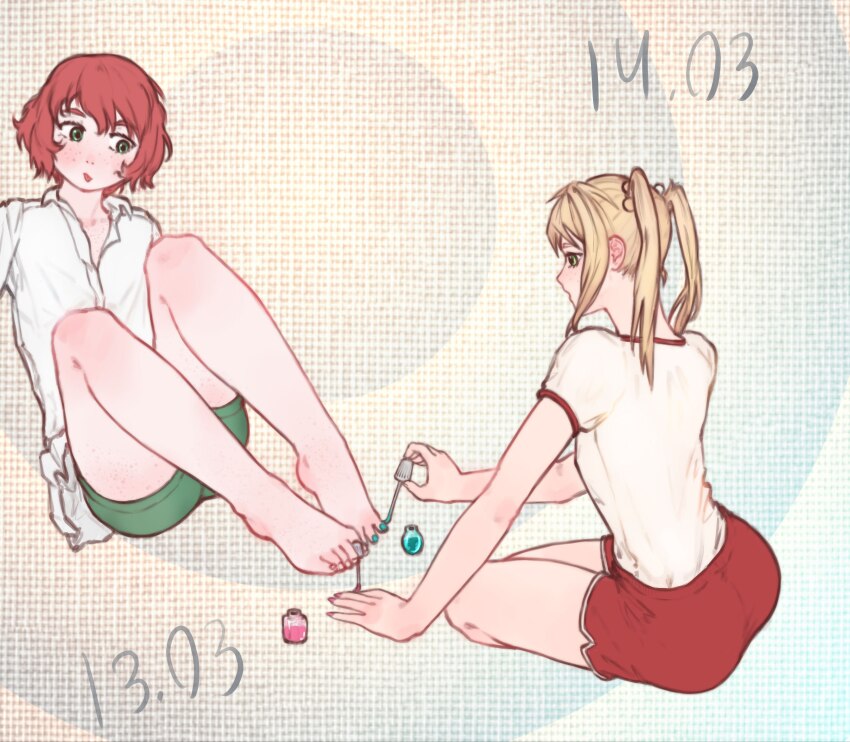 10tile, 2girls, amputee, applying_another's_makeup, applying_makeup, applying_manicure, applying_pedicure, aqua_nails