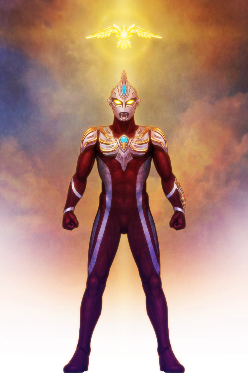 1boy, abs, absurdres, alien, arm_guards, armor, blue_gem, blue_sky