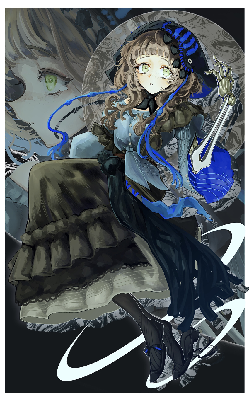 1girl, absurdres, black_background, black_coif, black_pantyhose, black_shoes, black_skirt, blue_shirt