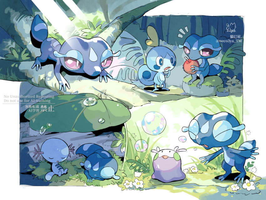 apple, blue_skin, bubble, closed_eyes, closed_mouth, colored_skin, commentary_request, drooling