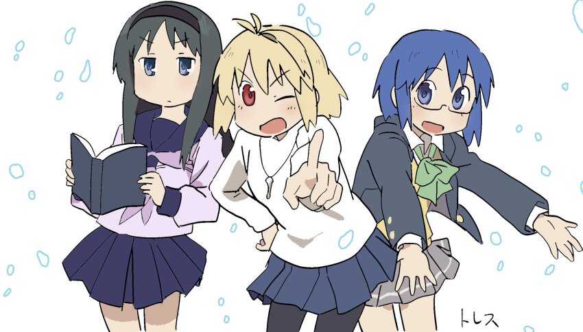 3girls, :d, ;d, ahoge, anime_coloring, antenna_hair, arawi_keiichi_(style), arcueid_brunestud