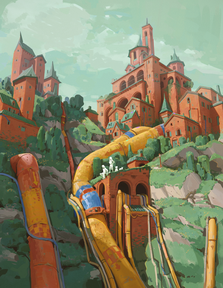 absurdres, arch, architecture, blue_sky, building, castle, cheef0ng, commentary