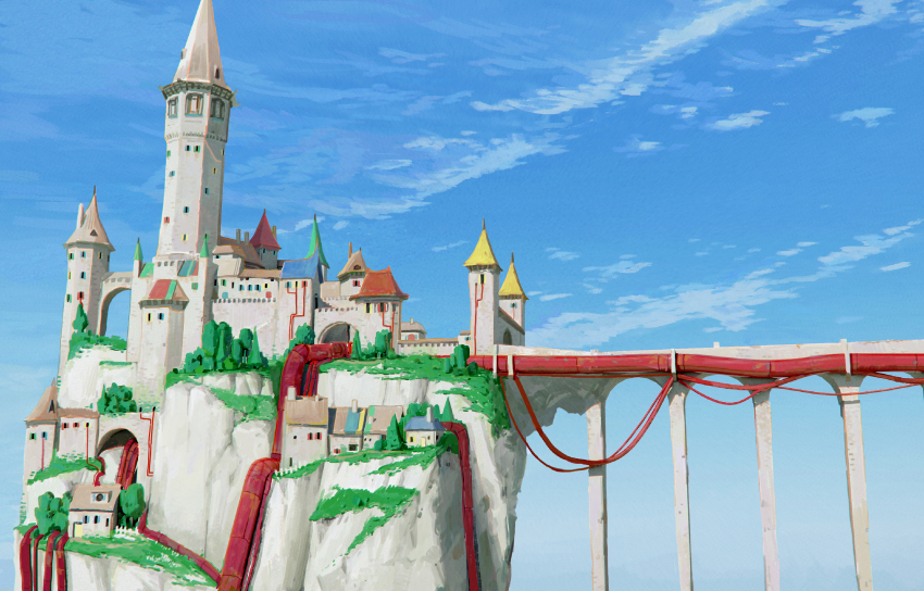 absurdres, arch, architecture, blue_sky, bridge, building, castle, cheef0ng