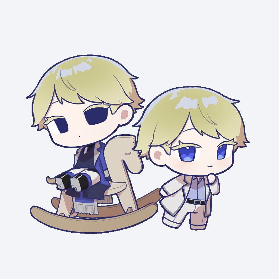 2boys, belt, black_belt, black_boots, black_eyes, black_sclera, blonde_hair, blue_eyes