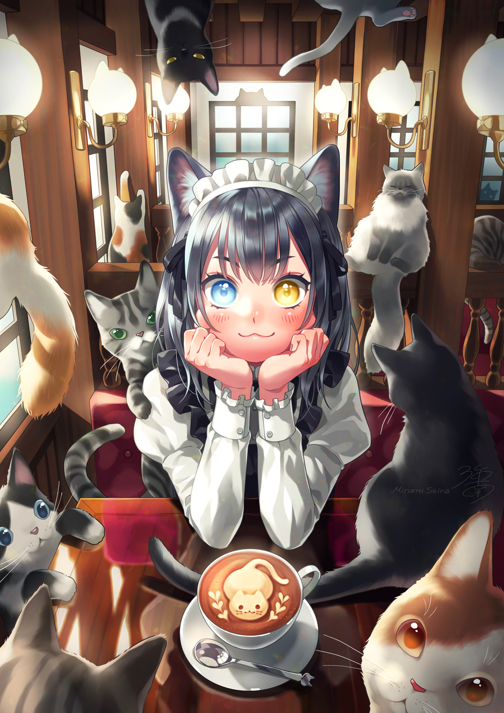 1girl, :3, animal_ear_fluff, animal_ears, animal_request, artist_name, black_cat, black_dress, black_hair, blue_eyes, blush, caffe_latte, cat, cat-shaped_lamp, cat_cafe, cat_day, cat_ears, cat_girl, closed_mouth, coffee, commentary_request, cup, dress, food, food_art, frilled_dress, frilled_sleeves, frills, grey_cat, head_on_hands, heterochromia, highres, indoors, latte_art, long_hair, long_sleeves, looking_at_viewer, maid, maid_headdress, minami_seira, original, persian_cat, shirt, signature, sitting, sleeve_cuffs, sleeveless, sleeveless_dress, smile, solo, straight-on, tabby_cat, upper_body, wall_lamp, watermark, white_shirt, yellow_eyes