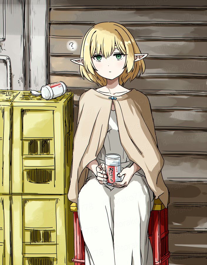 1girl, alcohol, blonde_hair, cloak, dress, elf, green_eyes, grey_cloak