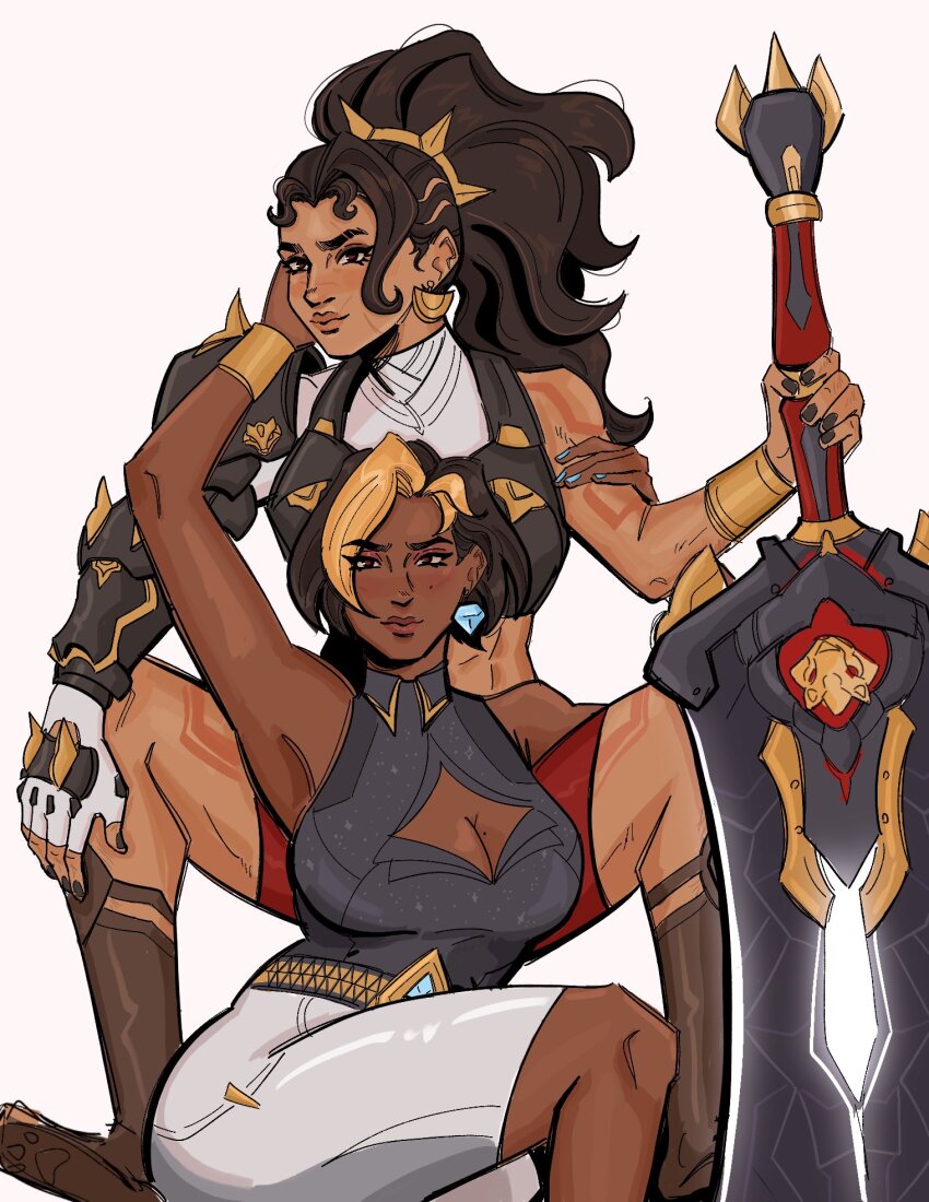 2girls, black_hair, black_nails, blonde_hair, blonde_streaks, breasts, brown_hair, cleavage, cleavage_cutout, clothing_cutout, crystal_earrings, dark-skinned_female, dark_skin, desi, domina_(overwatch), earrings, gold_bracer, highres, holding, holding_sword, holding_weapon, jewelry, large_breasts, long_hair, looking_at_viewer, multicolored_hair, multiple_girls, muscular, muscular_female, overwatch, phoenix_(gayviatorr), ponytail, short_hair, single_bracer, skirt, spiked_hair_ornament, spiked_hair_tubes, streaked_hair, sword, two-tone_hair, vendetta_(overwatch), weapon, white_skirt, yuri